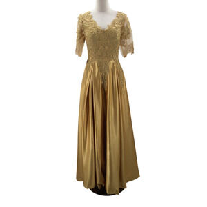 FORMAL 12 L gold mother of bride satin lace sleeves formal maxi dress NEW B112